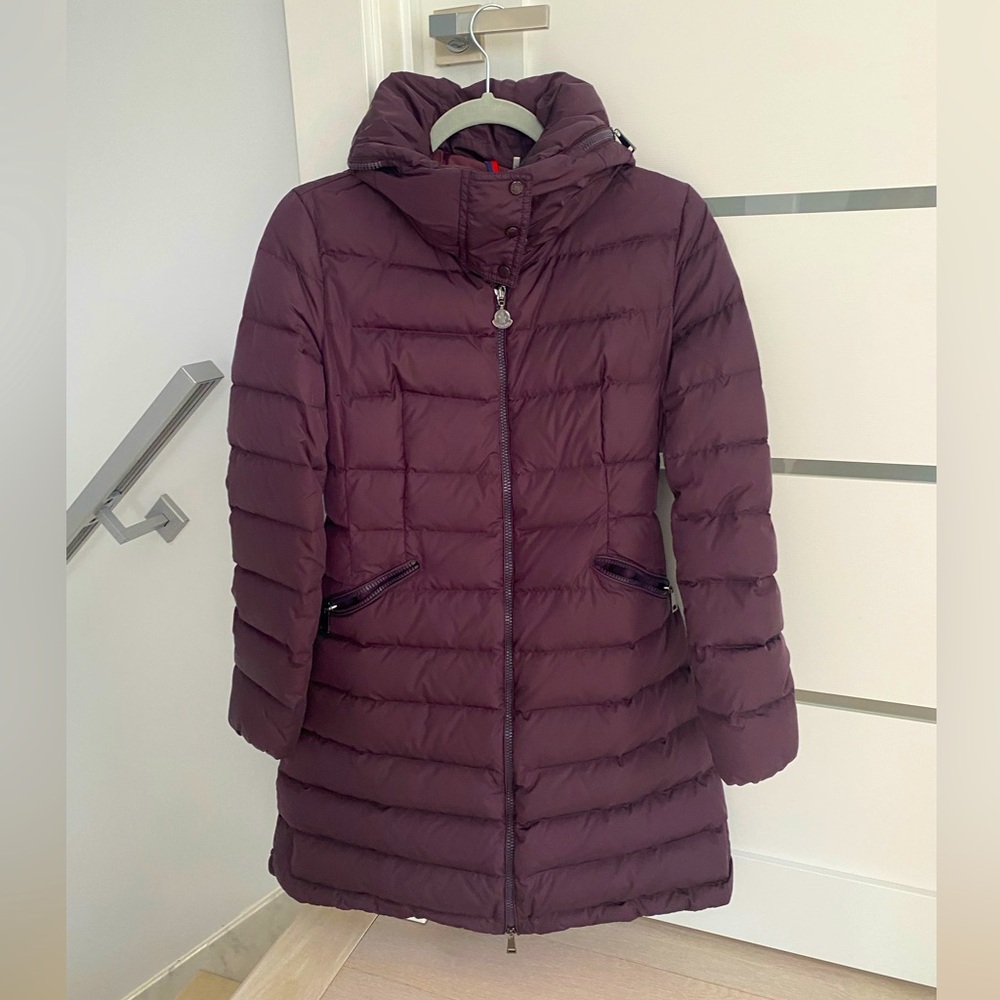 Flammette Down Coat with Stowable Hood, burgundy color